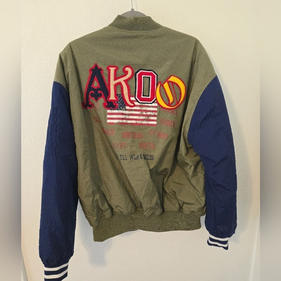 Akoo Bomber Letterman Varsity Jacket Mens Size Large American Flag Spellout - Picture 2 of 7